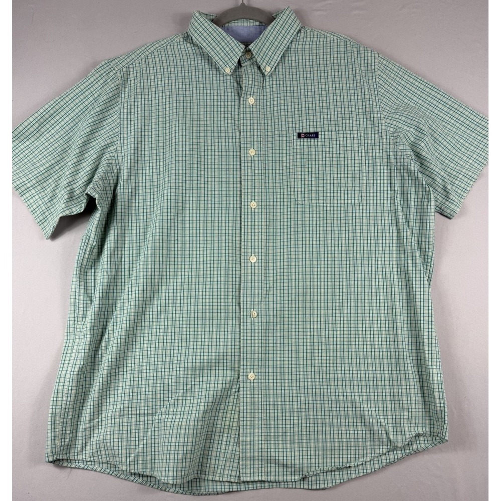 Chaps easy care, green plaid ss button up shirt, men's XL